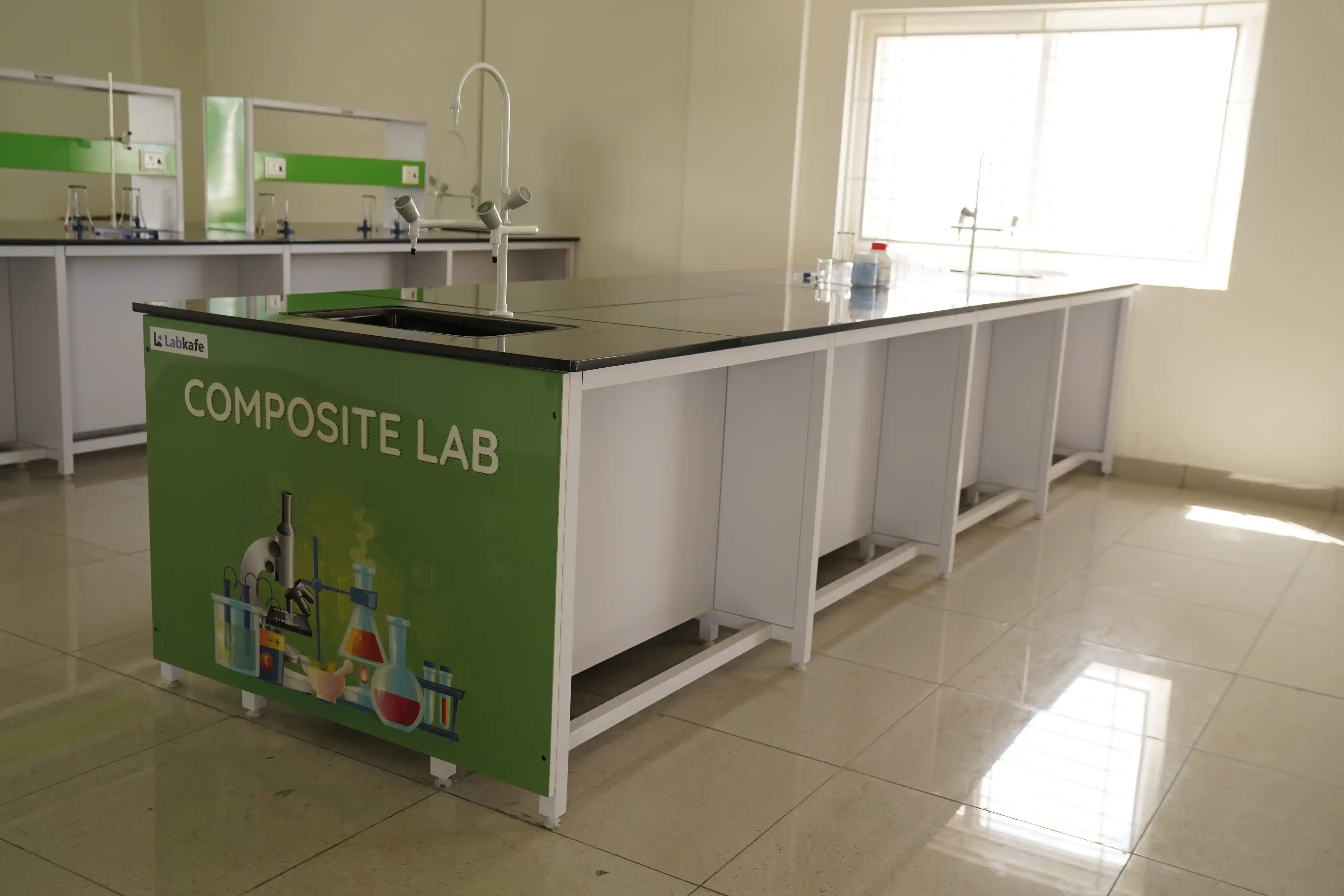 Composite science lab with workbenches at Takshashila School @ Rampura